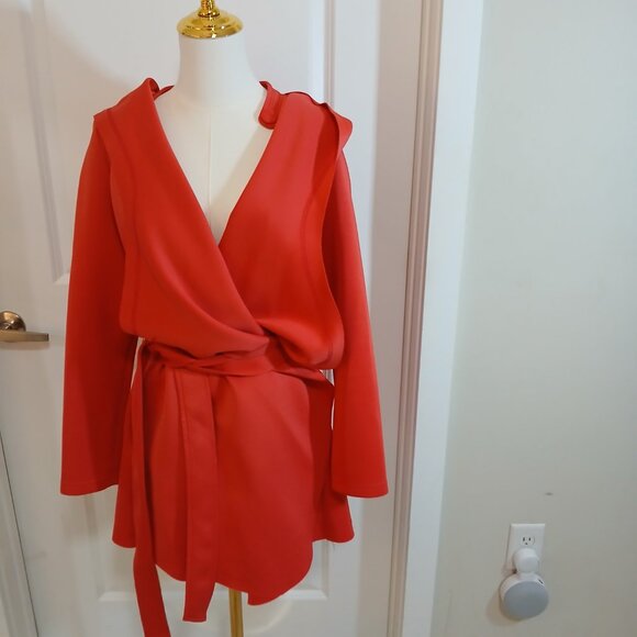 Akira Chicago Black Label Hooded Wrap Coat Jacket Women's Size M Red Belted - Picture 6 of 11